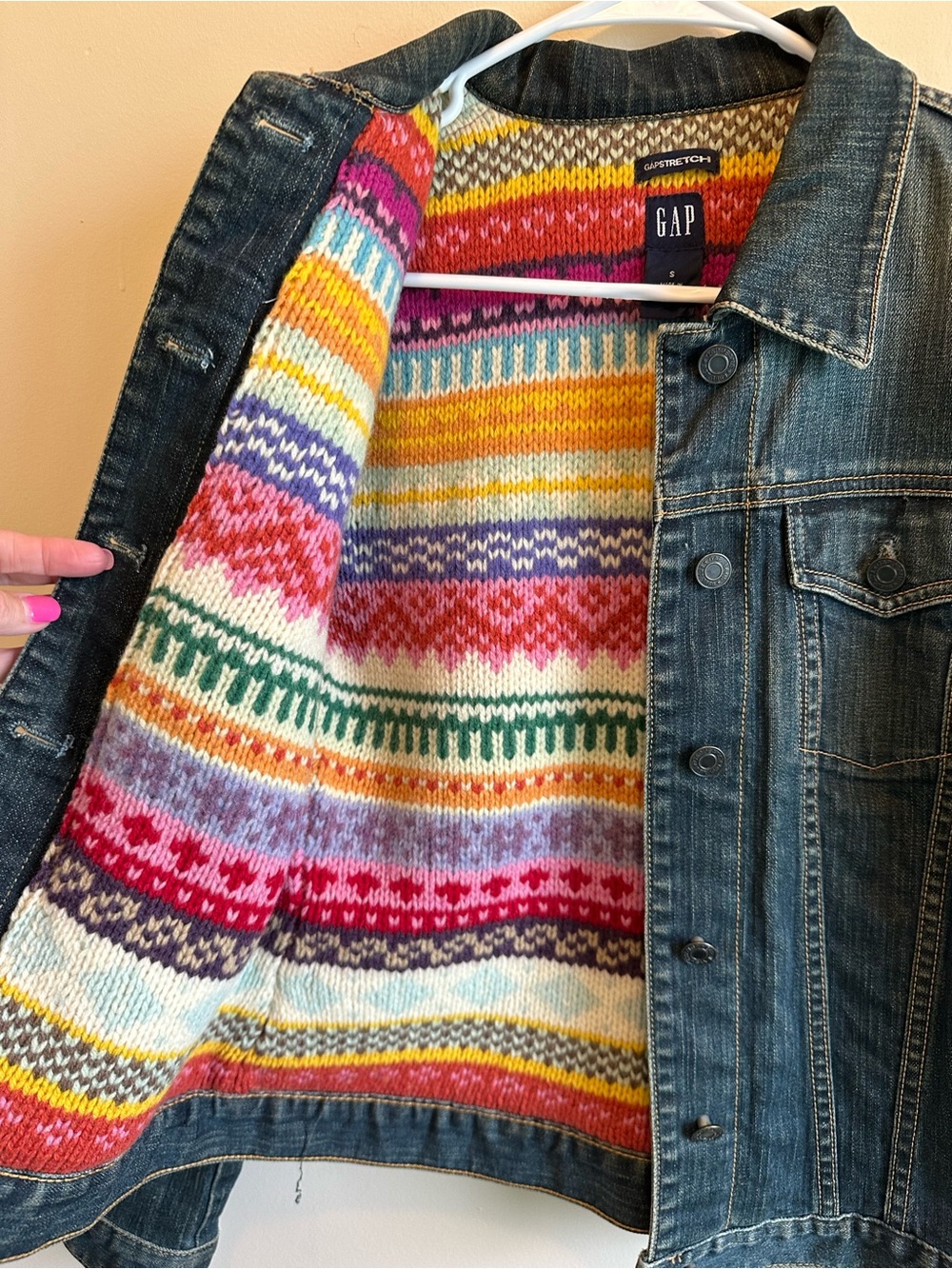 Vintage Women’s Gap Denim Trucker Jacket S Fair Isle Knit Sweater Lining Y2K - Picture 5 of 11